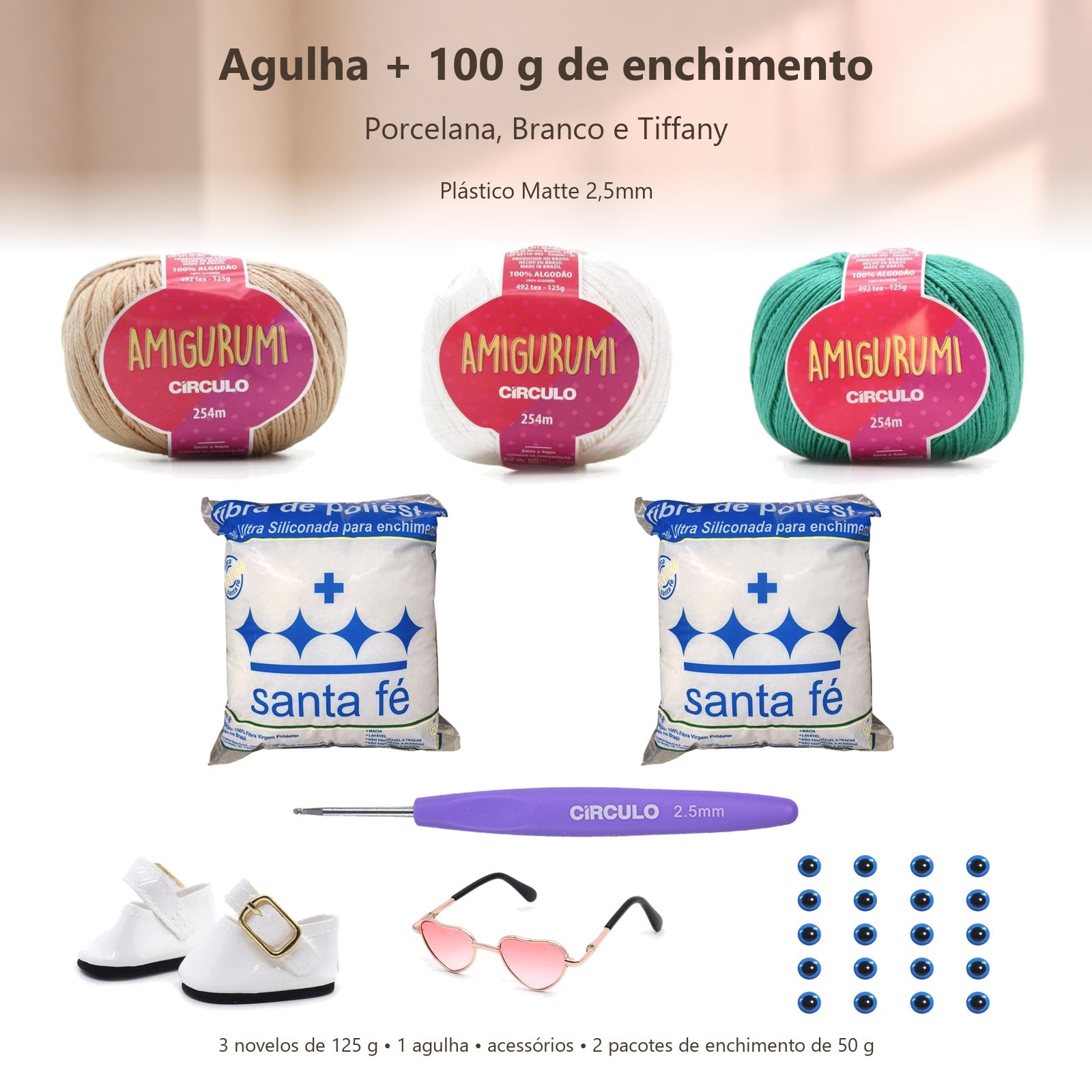 Kit Amigurumi 3 Novelos Porcelana, Branco e Tiffany 125g com Agulha Plástico Matte 2,5mm, Acessórios e Enchimento 100g