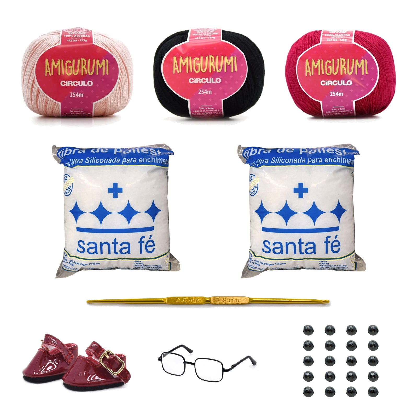 Kit Amigurumi 3 Novelos Macadâmia, Preto e Rubi 125g com Agulha Alumínio Dupla 2,0 e 2,5mm, Acessórios e Enchimento 100g