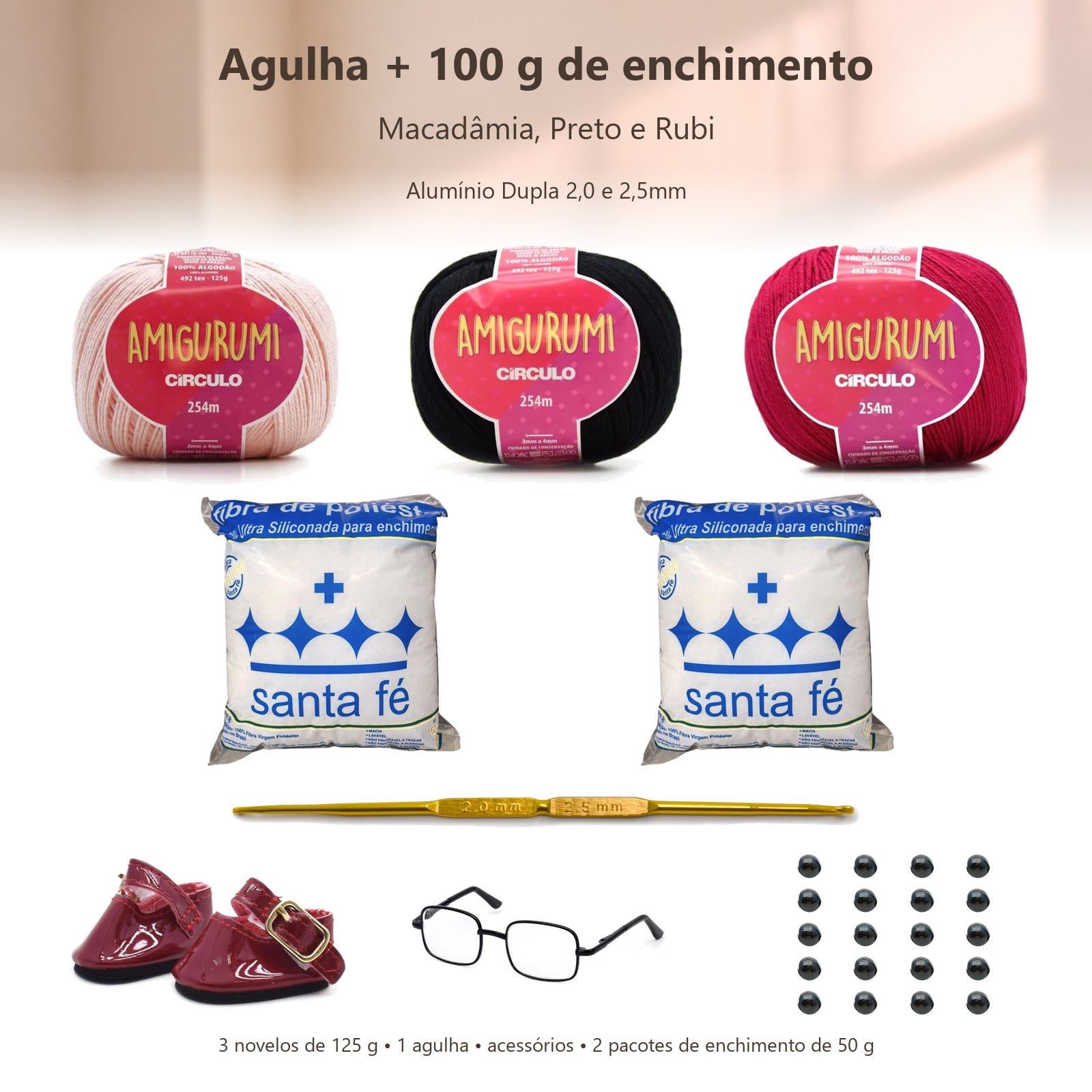 Kit Amigurumi 3 Novelos Macadâmia, Preto e Rubi 125g com Agulha Alumínio Dupla 2,0 e 2,5mm, Acessórios e Enchimento 100g