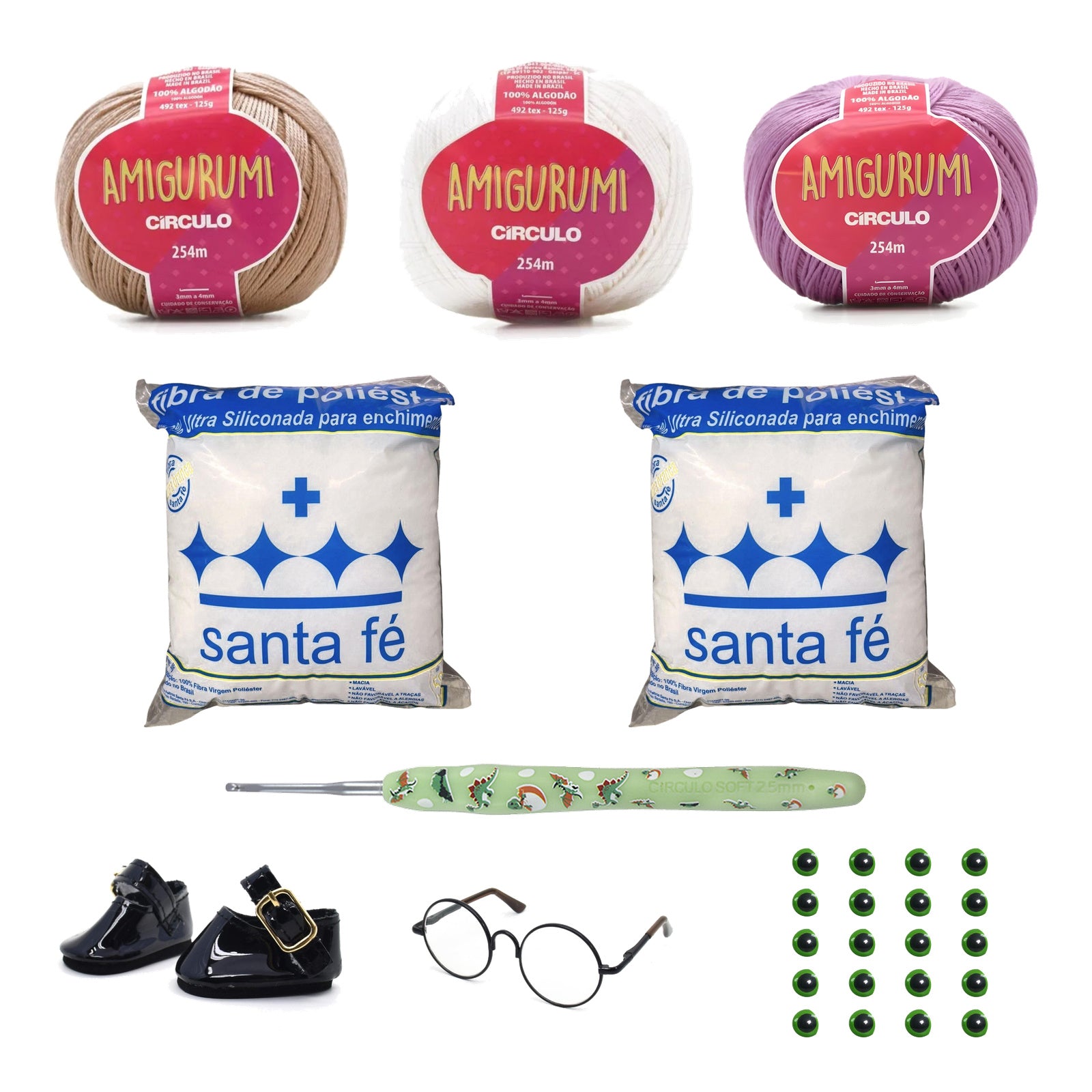 Kit Amigurumi 3 Novelos Amêndoa Branco e Violeta 125g com Agulha Soft Estampada Verde 2,5mm Acessórios e Enchimento 100g