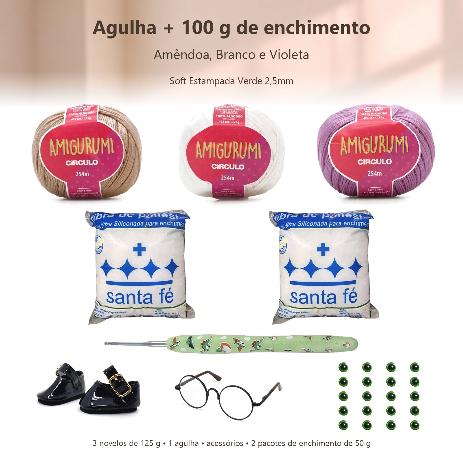 Kit Amigurumi 3 Novelos Amêndoa Branco e Violeta 125g com Agulha Soft Estampada Verde 2,5mm Acessórios e Enchimento 100g
