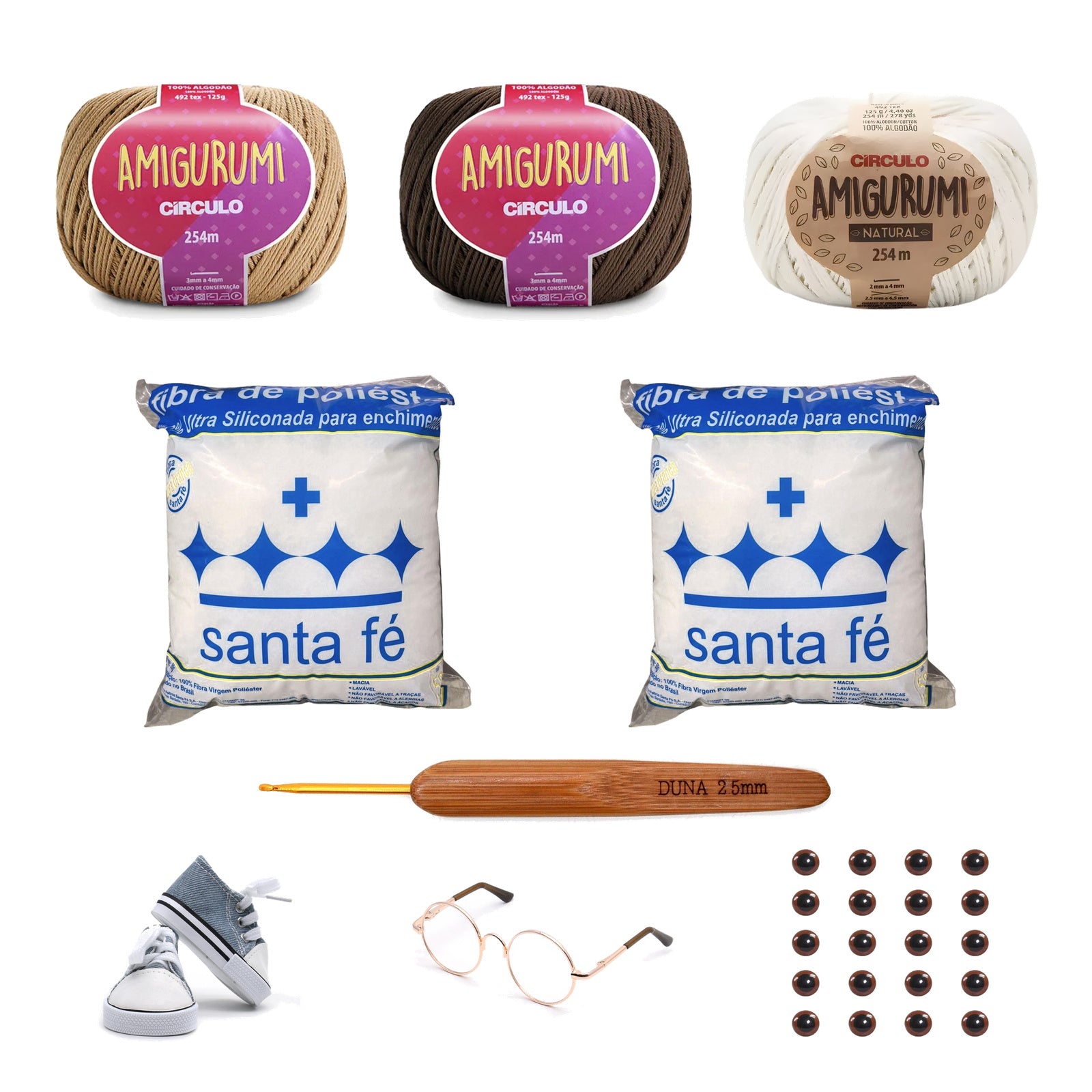 Kit Amigurumi 3 Novelos Caramelito, Brownie e Natural 125g com Agulha Cabo Bambu Duna 2,5mm Acessórios e Enchimento 100g