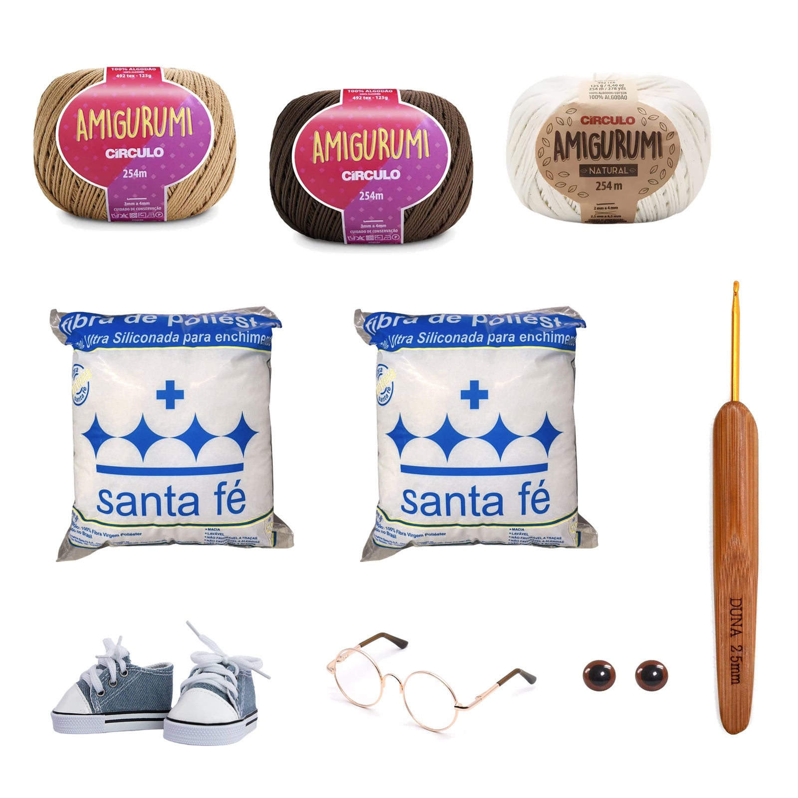 Kit Amigurumi 3 Novelos Caramelito, Brownie e Natural 125g com Agulha Cabo Bambu Duna 2,5mm Acessórios e Enchimento 100g