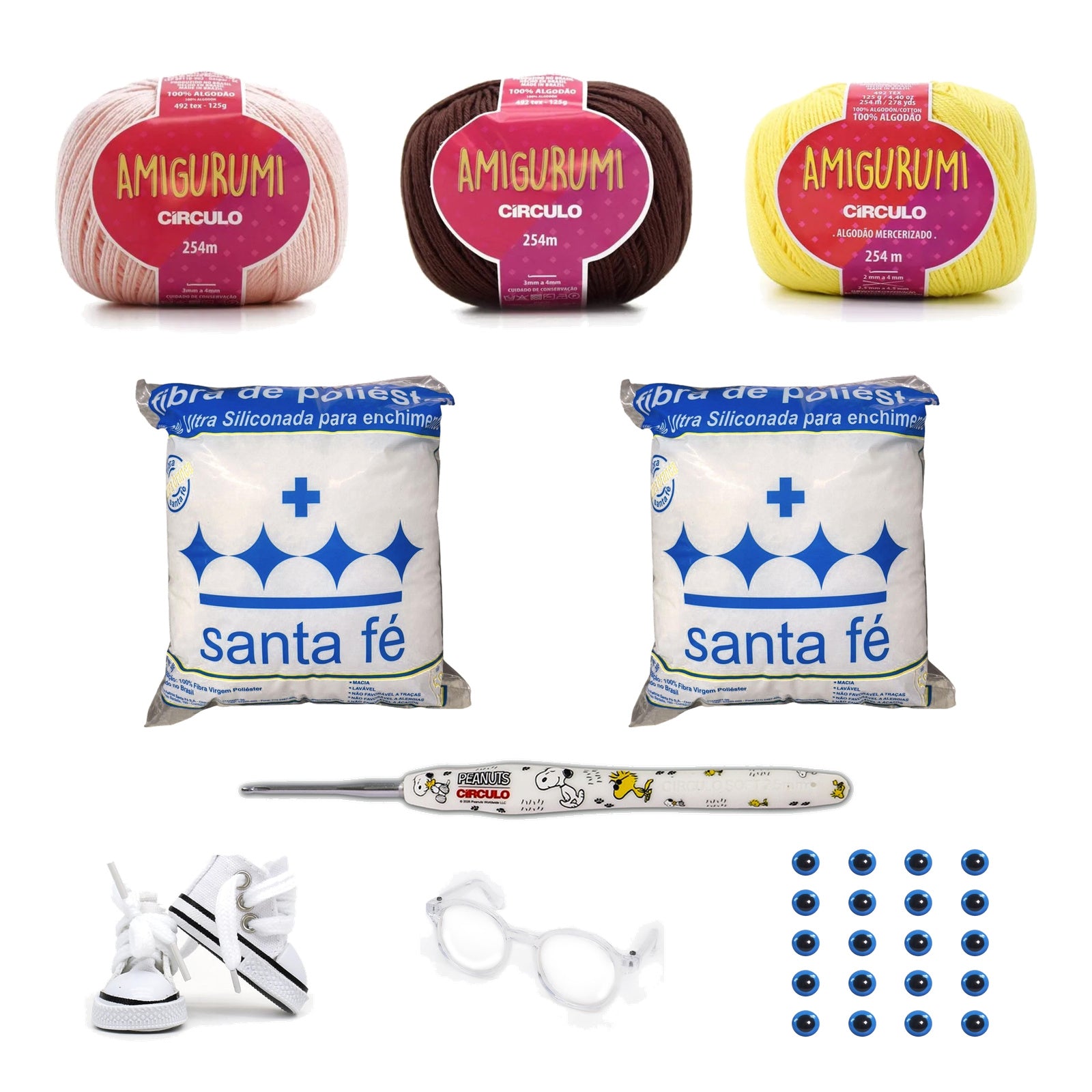 Kit Amigurumi 3 Novelos Macadâmia, Brigadeiro e Amarelo Candy 125g com Agulha Soft 2,5mm, Acessórios e Enchimento 100g