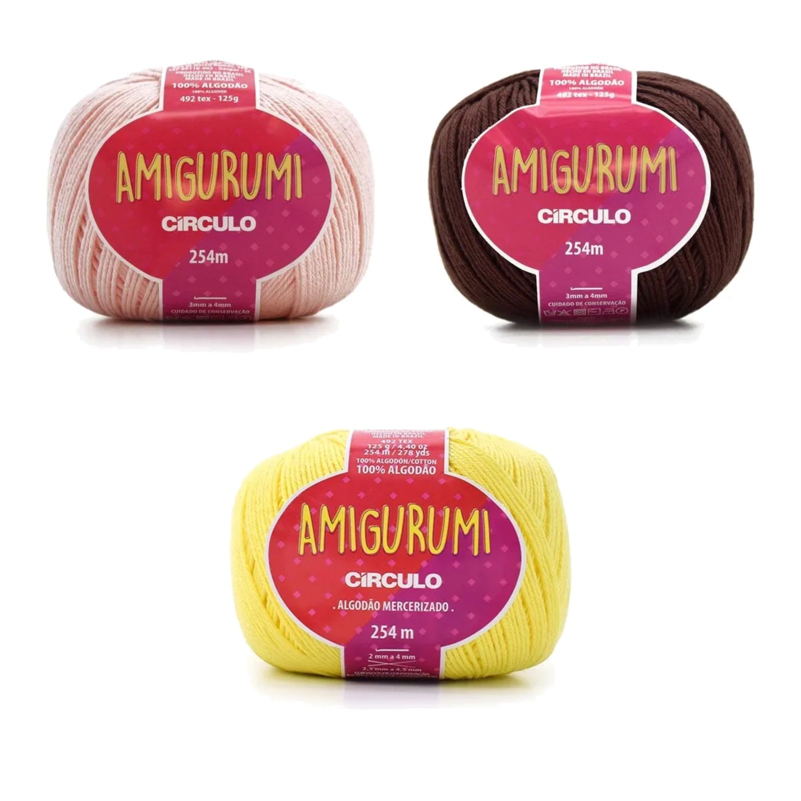 Kit Amigurumi 3 Novelos Macadâmia, Brigadeiro e Amarelo Candy 125g com Agulha Soft 2,5mm, Acessórios e Enchimento 100g