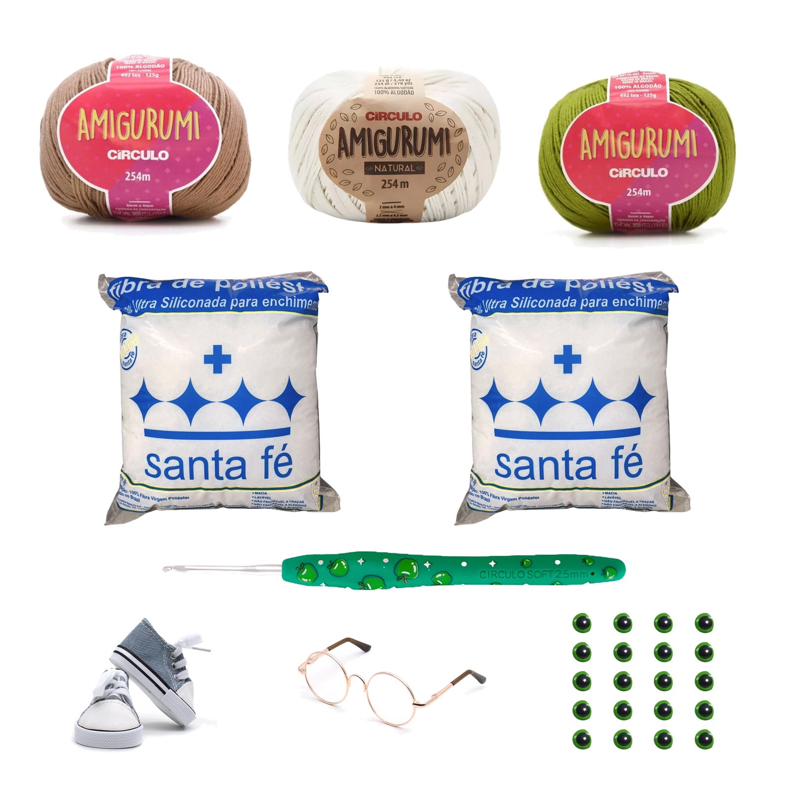 Kit Amigurumi 3 Novelos Castanha Natural Pistache 125g c/ Agulha Soft Aroma Maçã Verde 2,5mm Acessórios Enchimento 100g