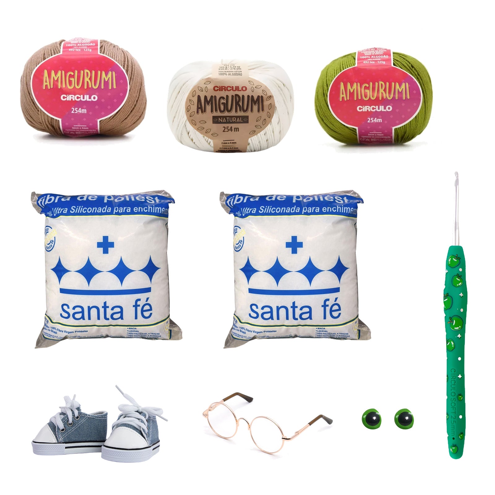 Kit Amigurumi 3 Novelos Castanha Natural Pistache 125g c/ Agulha Soft Aroma Maçã Verde 2,5mm Acessórios Enchimento 100g