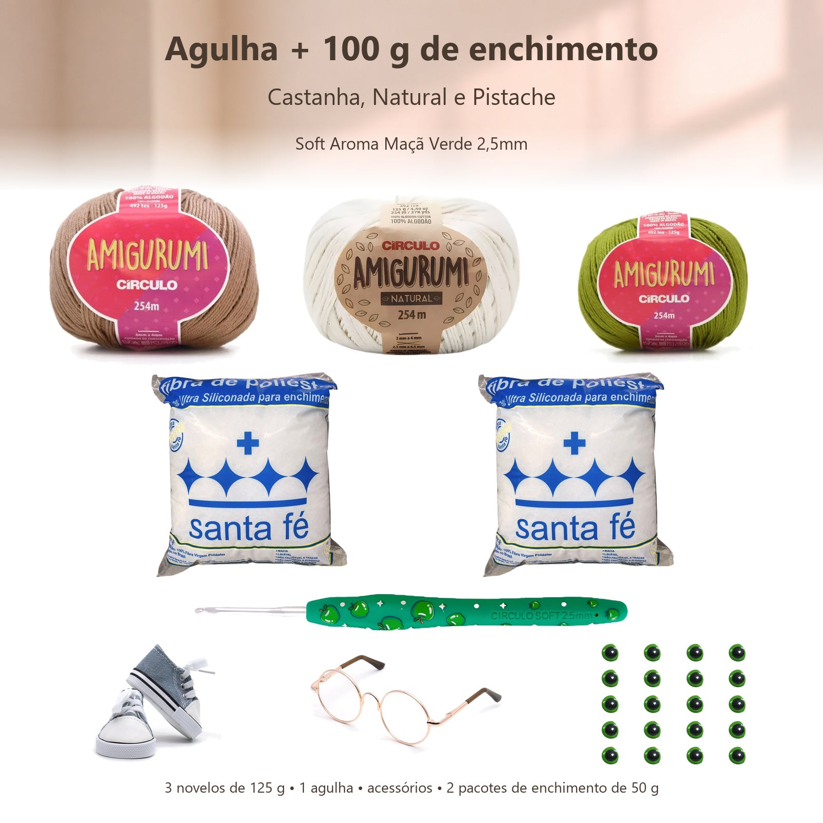 Kit Amigurumi 3 Novelos Castanha Natural Pistache 125g c/ Agulha Soft Aroma Maçã Verde 2,5mm Acessórios Enchimento 100g