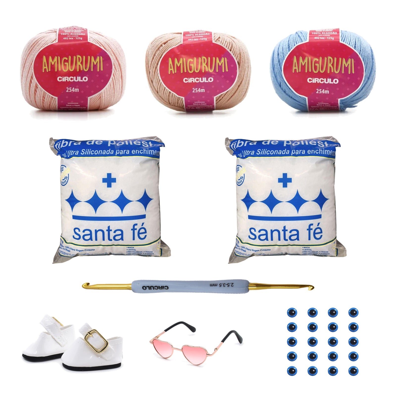 Kit Amigurumi 3 Novelos Macadâmia Chantilly Hortênsia 125g com Agulha Soft Dupla 2,5 e 3,5mm Acessórios Enchimento 100g