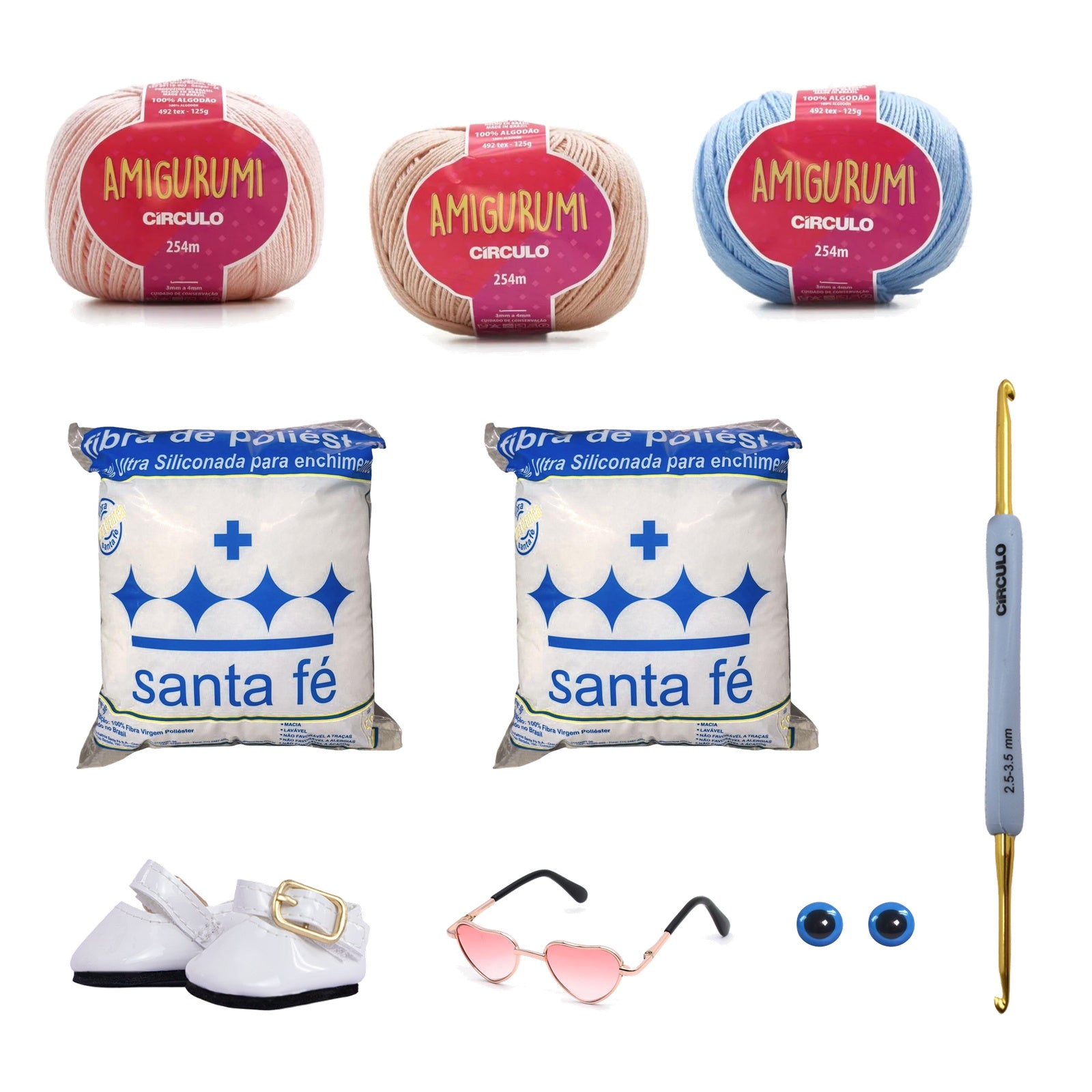 Kit Amigurumi 3 Novelos Macadâmia Chantilly Hortênsia 125g com Agulha Soft Dupla 2,5 e 3,5mm Acessórios Enchimento 100g
