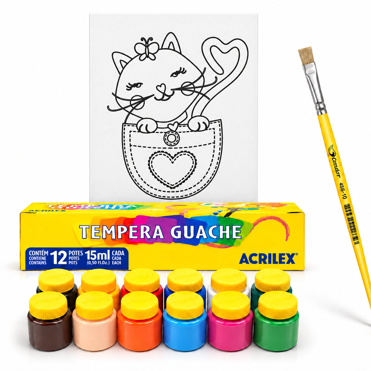 Kit Pintura Tela Riscada Souza & Cia 16x22cm Gatinha + Guache Acrilex 12 Cores + Pincel Condor