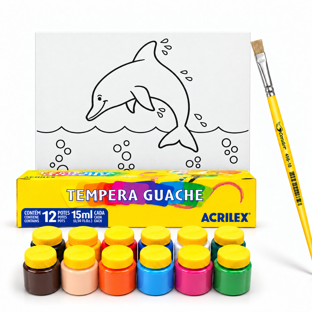Kit Pintura Tela Riscada Souza & Cia 16x22cm Golfinho + Guache Acrilex 12 Cores + Pincel Condor