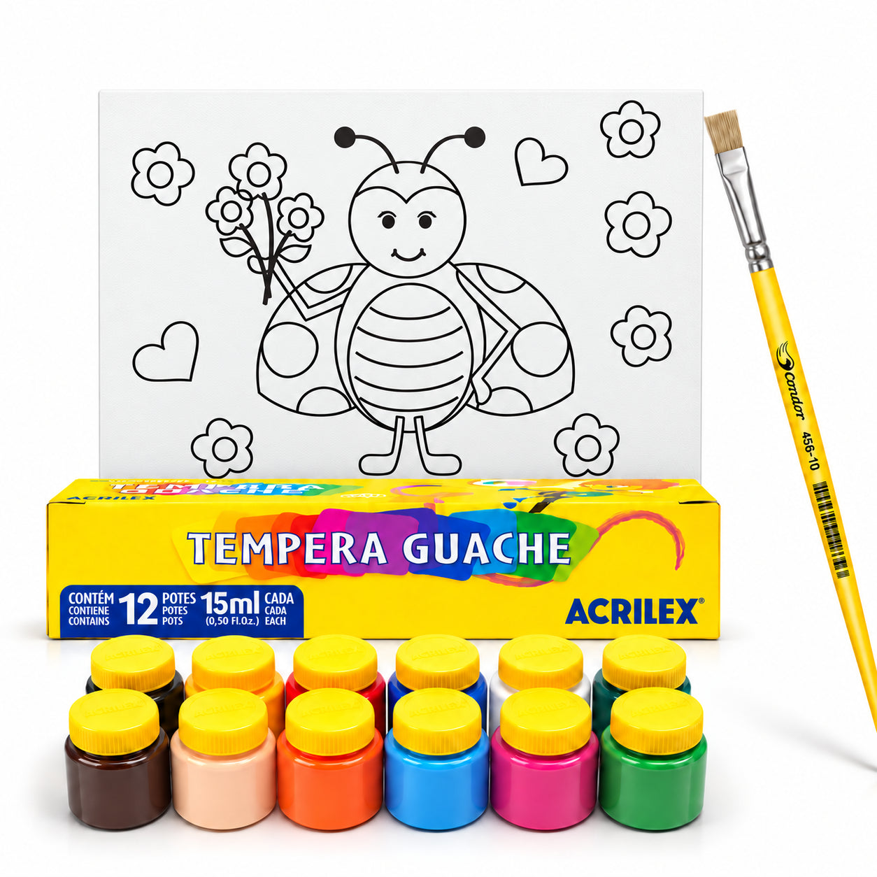 Kit Pintura Tela Riscada Souza & Cia 16x22cm Joaninha + Guache Acrilex 12 Cores + Pincel Condor