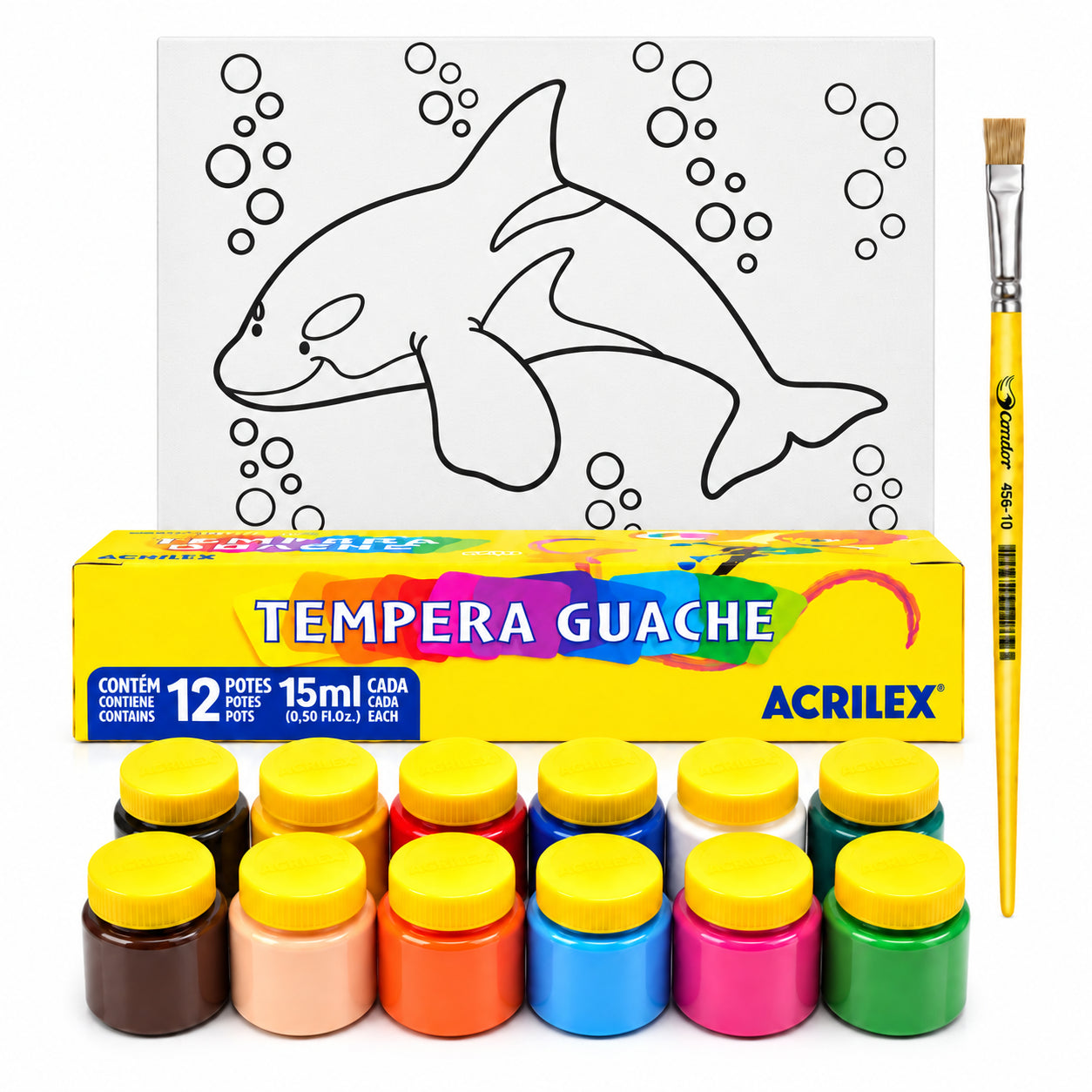 Kit Pintura Tela Riscada Souza & Cia 16x22cm Orca + Guache Acrilex 12 Cores + Pincel Condor