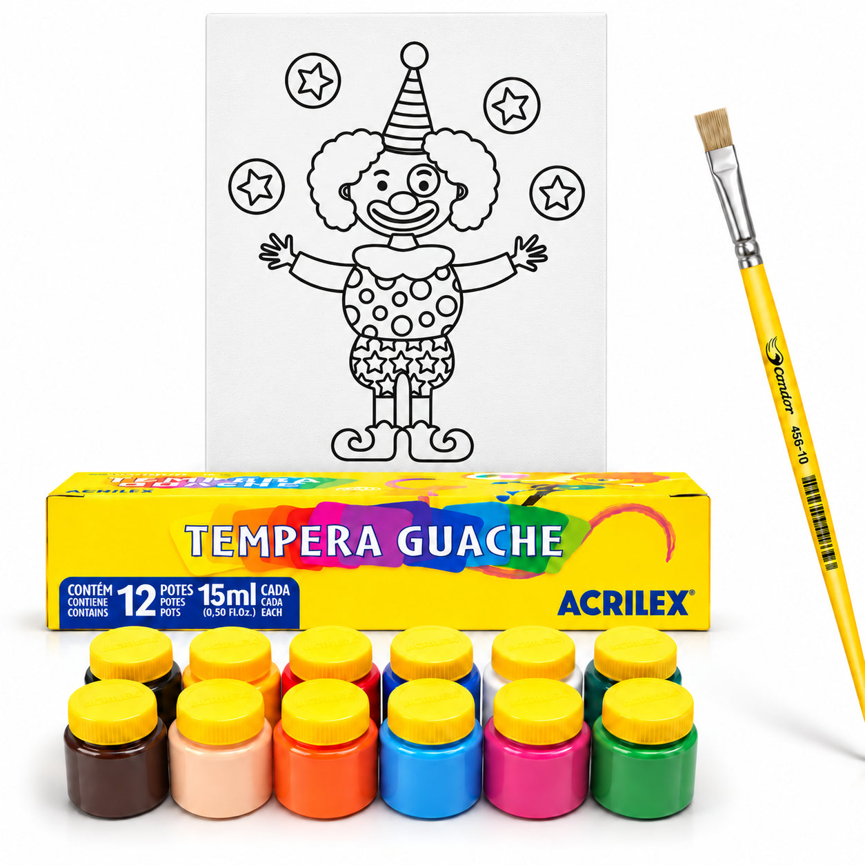 Kit Pintura Tela Riscada Souza & Cia 16x22cm Palhacinho + Guache Acrilex 12 Cores + Pincel Condor