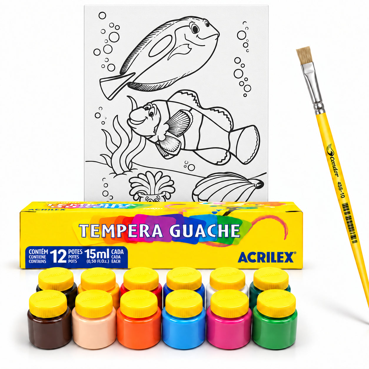 Kit Pintura Tela Riscada Souza & Cia 16x22cm Peixinhos + Guache Acrilex 12 Cores + Pincel Condor