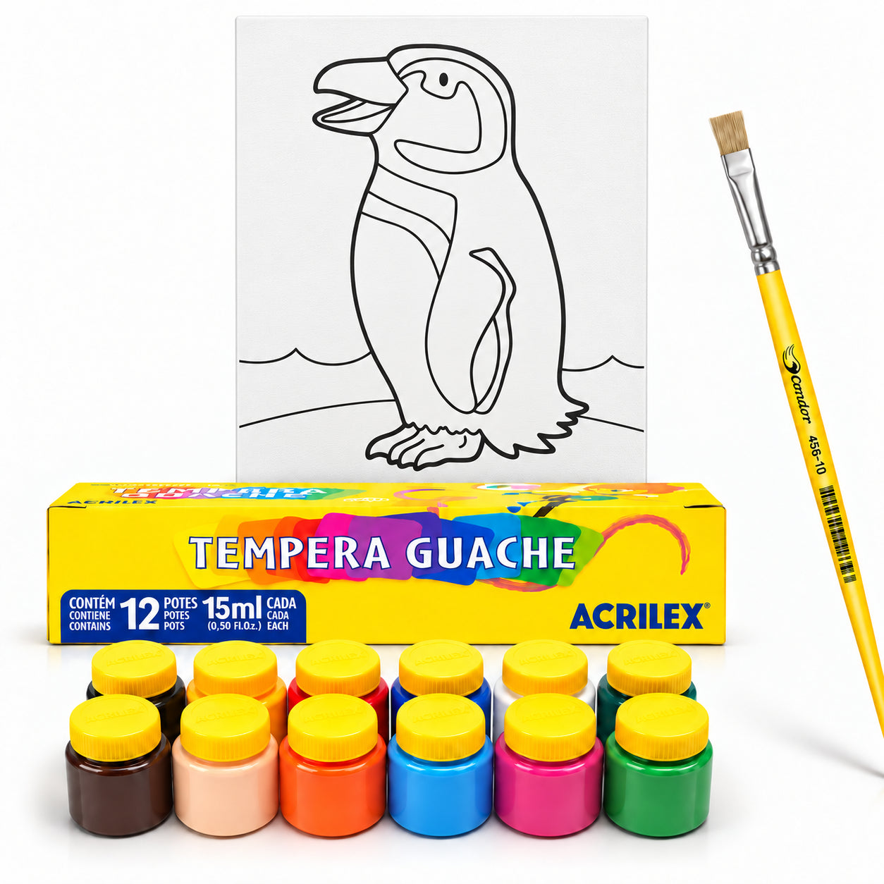 Kit Pintura Tela Riscada Souza & Cia 16x22cm Pinguim + Guache Acrilex 12 Cores + Pincel Condor