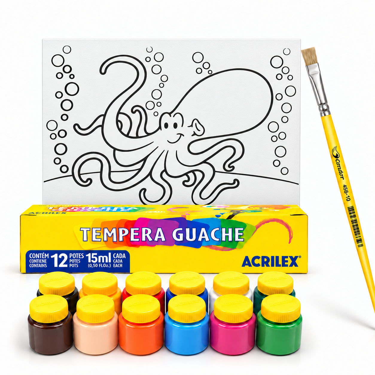 Kit Pintura Tela Riscada Souza & Cia 16x22cm Polvo + Guache Acrilex 12 Cores + Pincel Condor