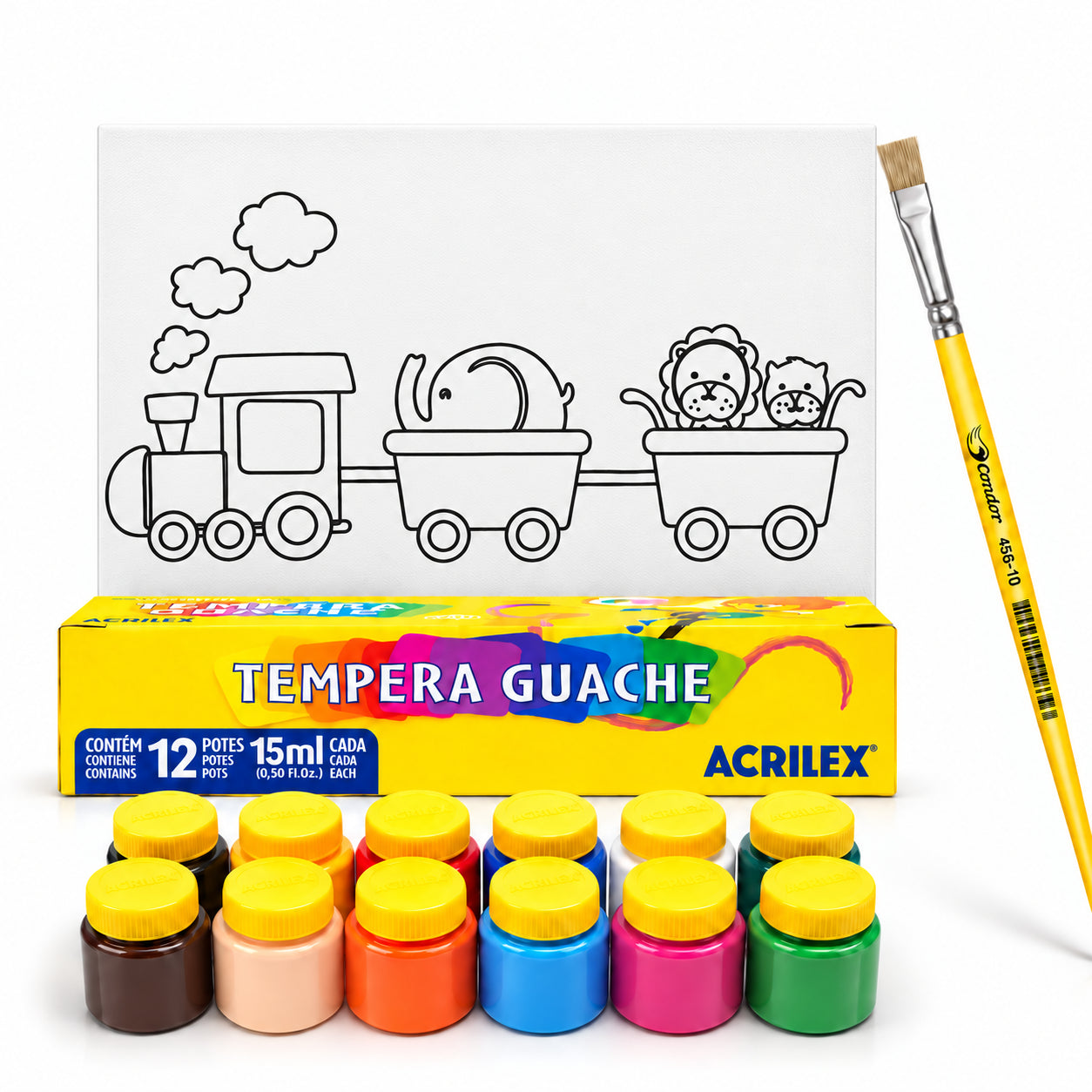 Kit Pintura Tela Riscada Souza & Cia 16x22cm Trem + Guache Acrilex 12 Cores + Pincel Condor