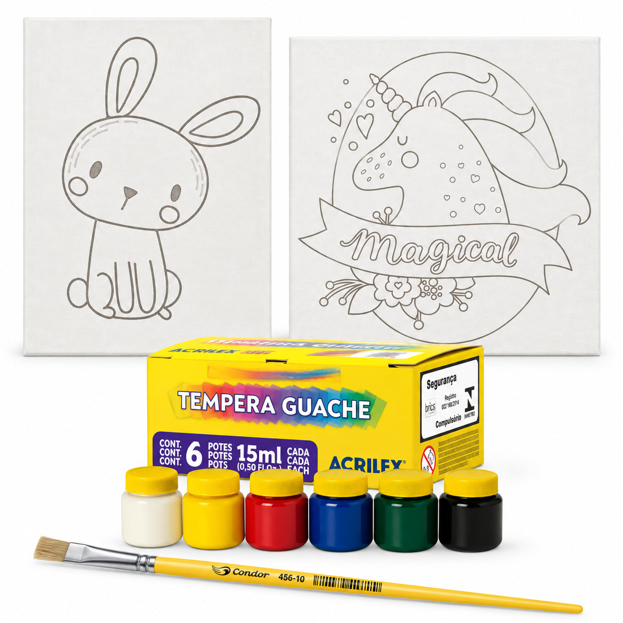 Kit Pintura Infantil Luarte 2 Telas 20x30cm Coelho e Unicórnio + Guache