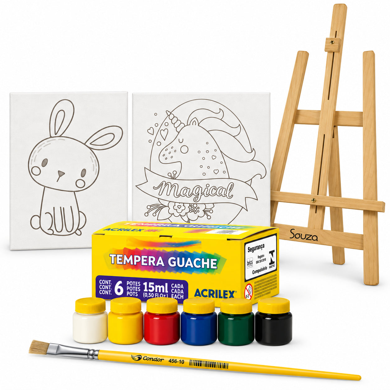 Kit Pintura Infantil Luarte 2 Telas 20x30cm Coelho e Unicórnio + Cavalete