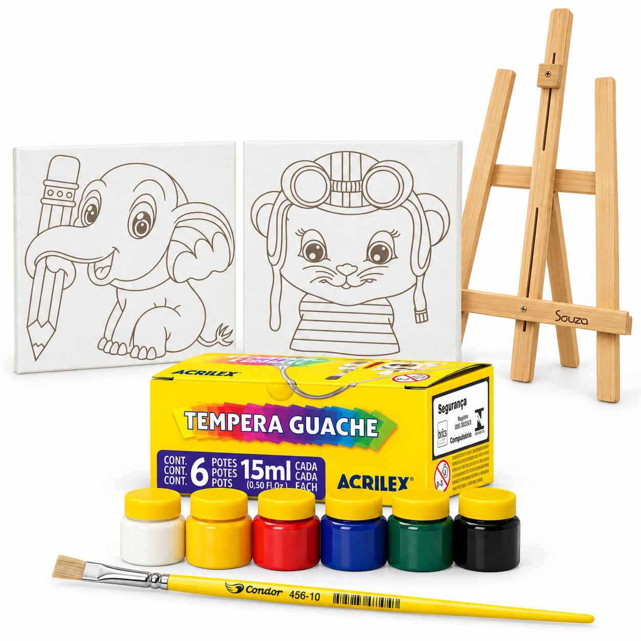 Kit Pintura Infantil Luarte 2 Telas 20x30cm Elefante e Urso + Cavalete