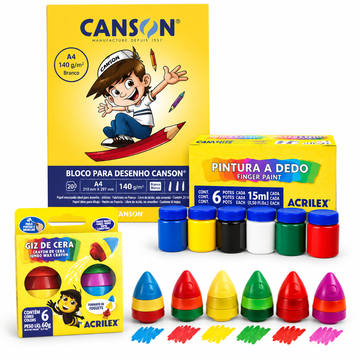 Kit Pintura Infantil Acrilex com Bloco Canson A4 140g e Giz Foguete