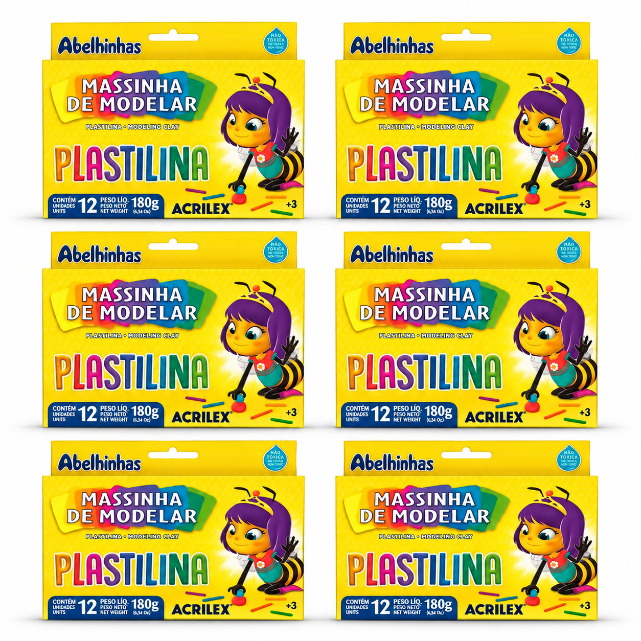 Kit 6 Massinhas Plastilina Acrilex 180g 12 Cores