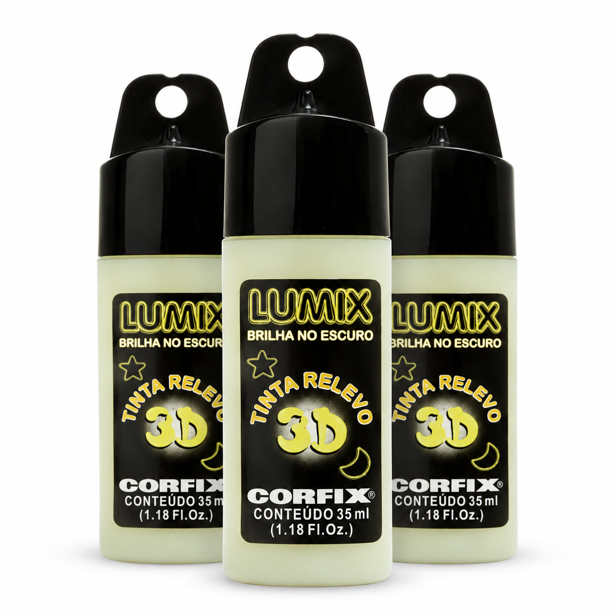 Kit 3 Tintas Relevo 3d Lumix Corfix 35ml Fosforescente