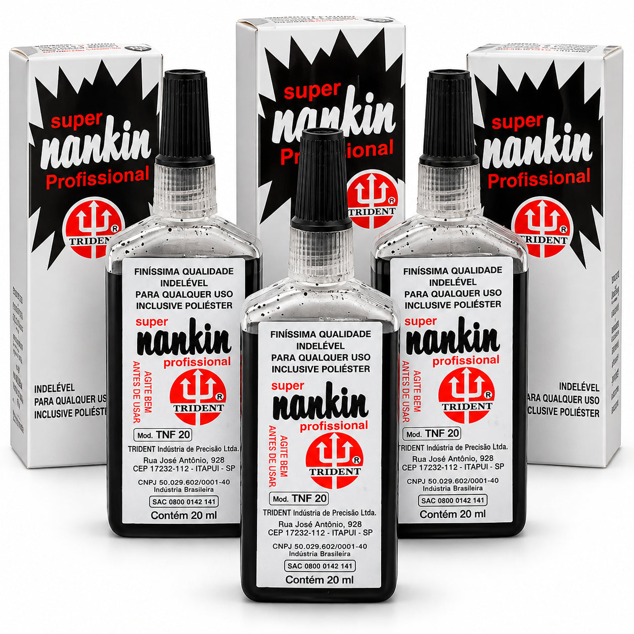Kit 3 Tintas Nanquim Trident Profissional Preto 20ml Tnf-20