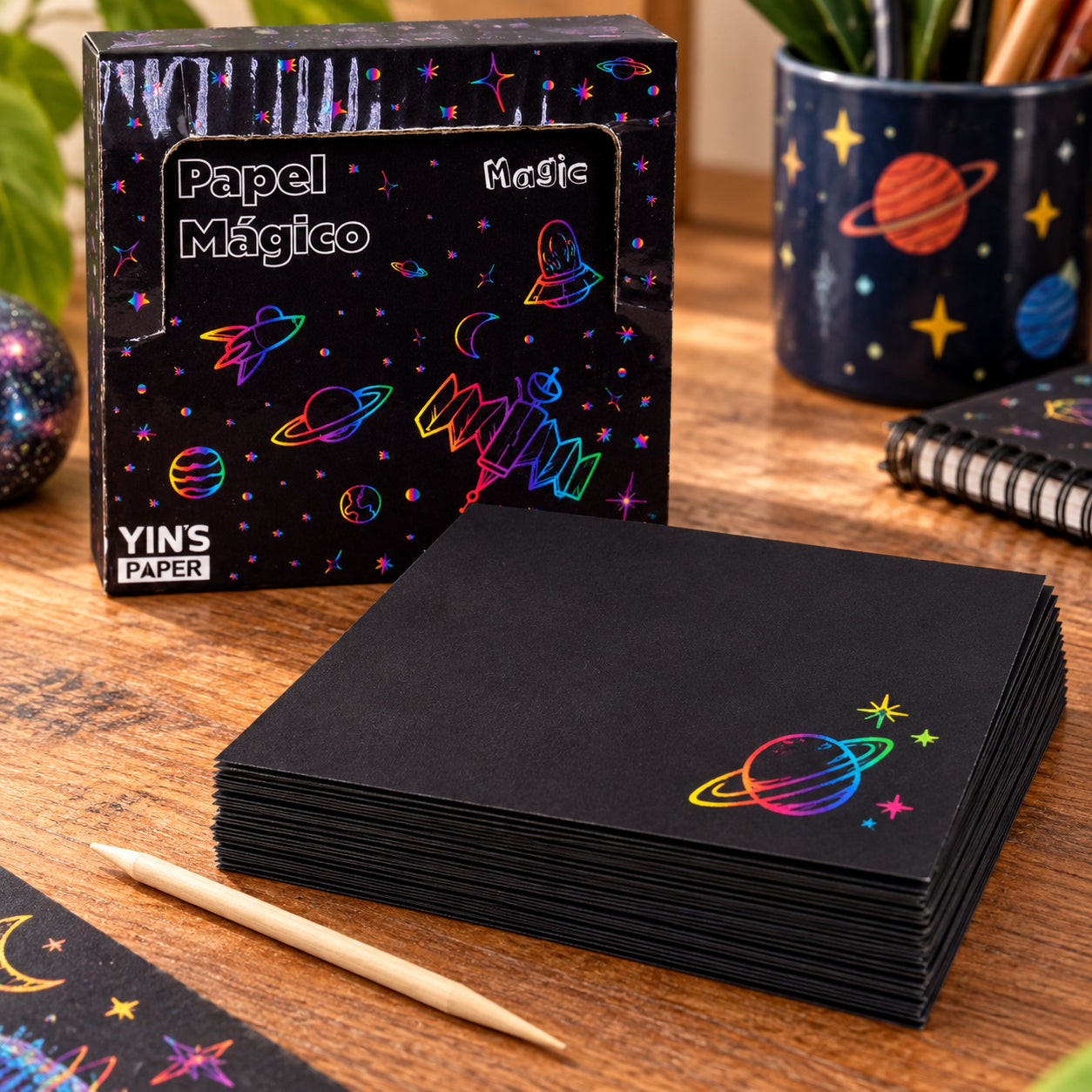 Papel Mágico Preto com 24 Folhas e Palito para Desenho Colorido - Yin's Paper
