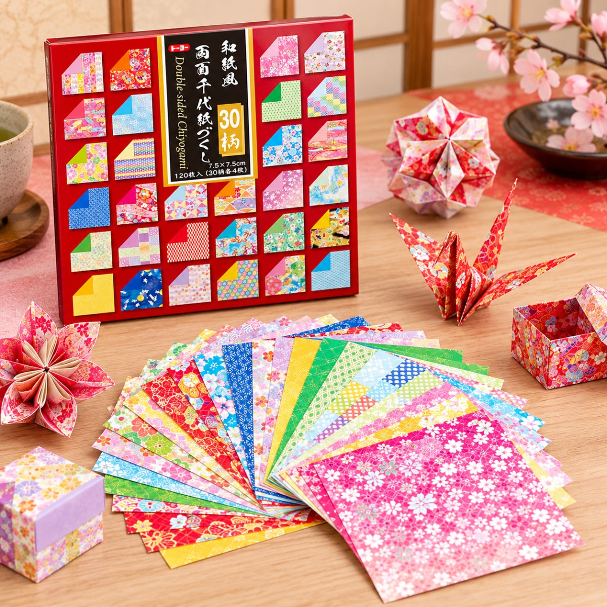 Papel Dobrável Origami 120 Folhas Toyo Washi Chiyogami Tsukishi  7,5x7,5cm - Miwa