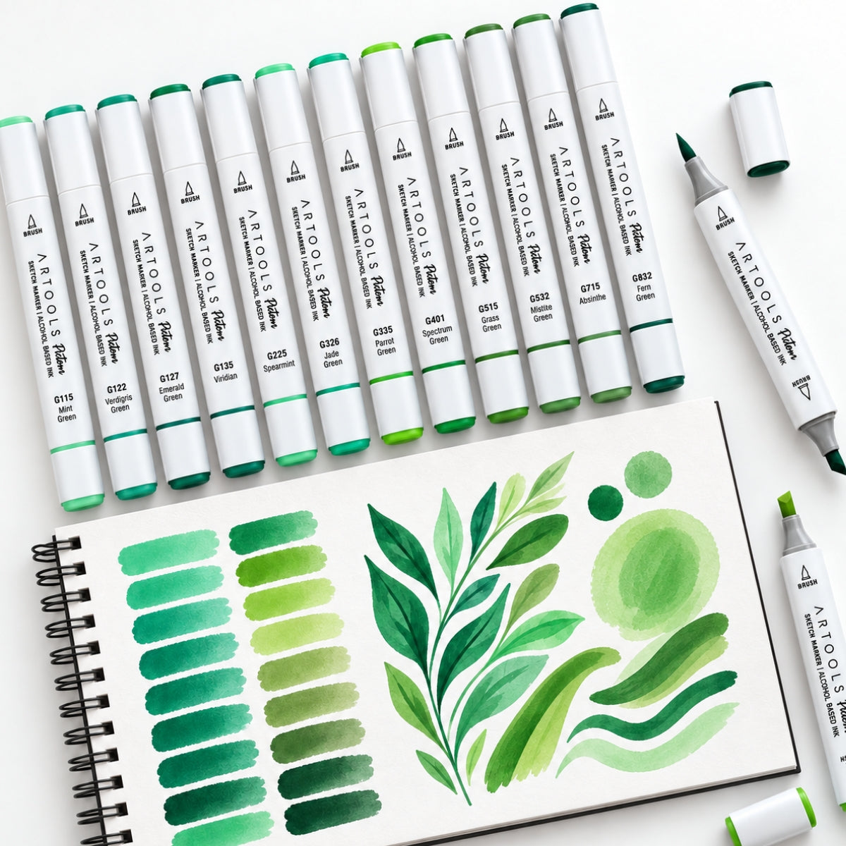 Kit 12 Marcadores Ponta Dupla Pictom Tons De Verde - Artools