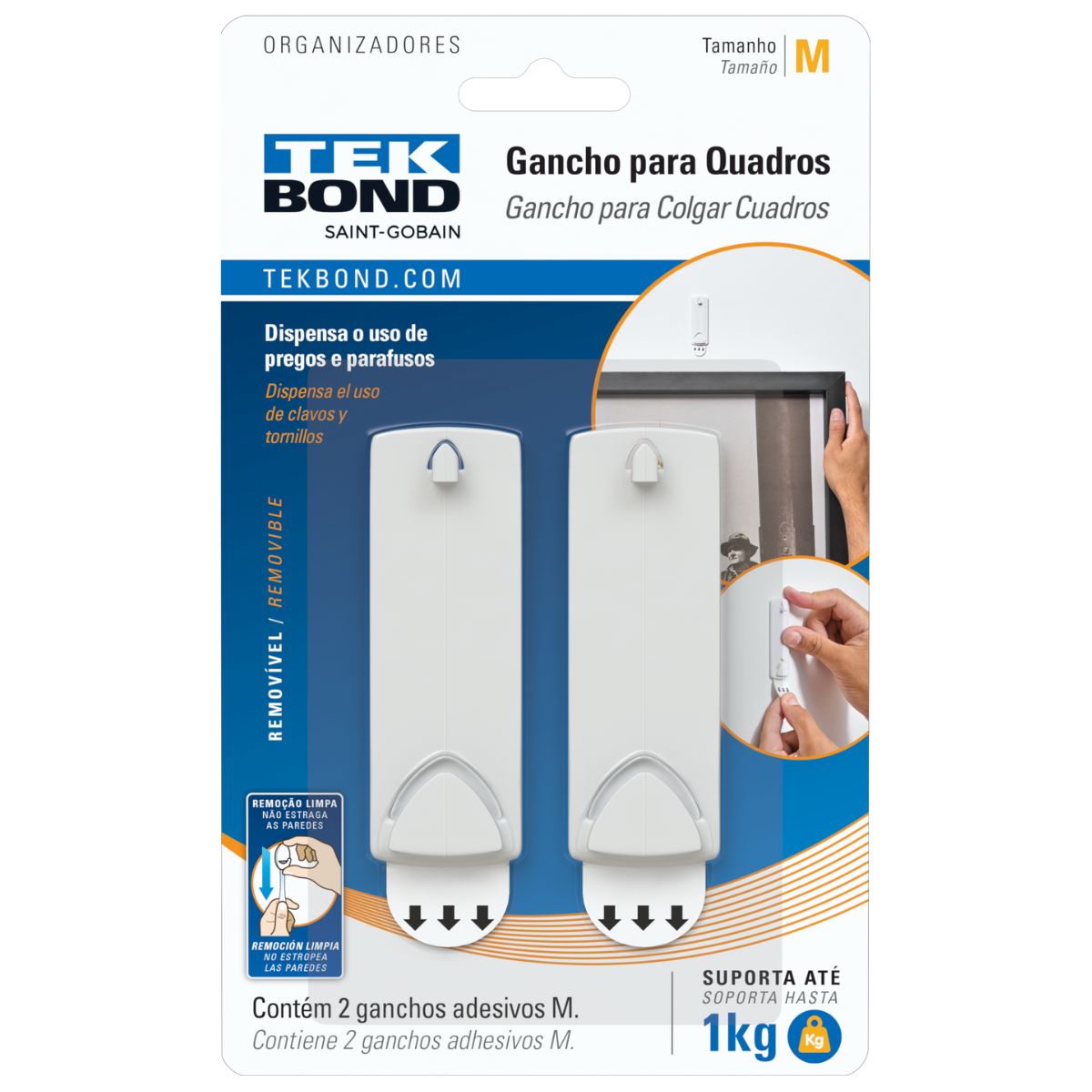 Gancho Adesivo Removivel Tekbond Quadro 7,5x2,7cm - Branco 2 Unidades