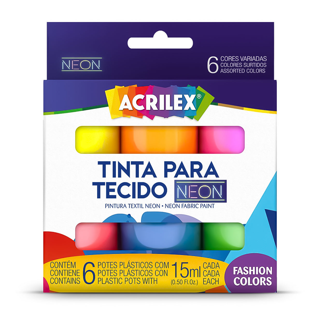 Estojo Tinta para Tecido Acrilex Art Teen Neon 15ml com 6 Cores