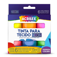 Estojo Tinta para Tecido Acrilex Art Teen Neon 15ml com 6 Cores