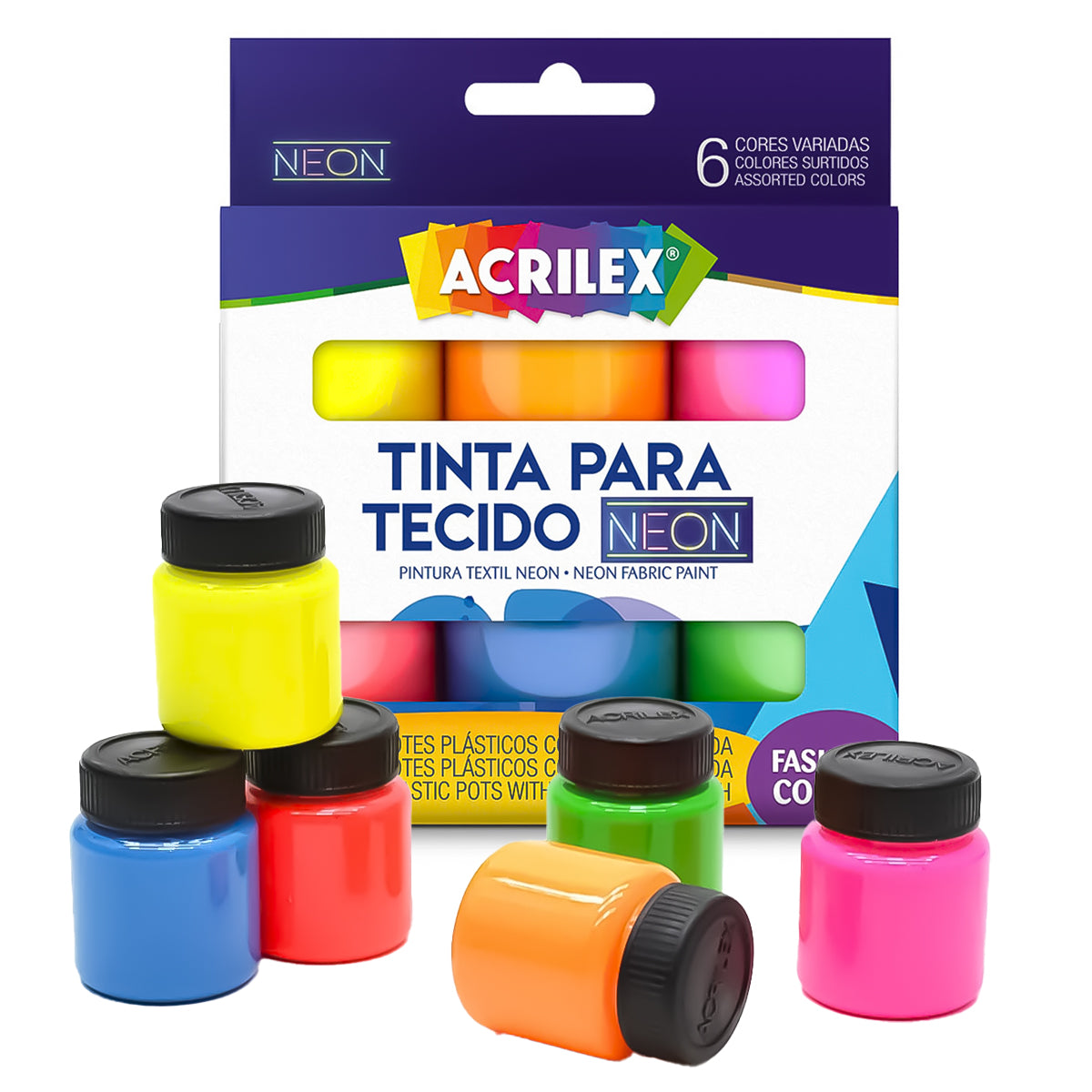Estojo Tinta para Tecido Acrilex Art Teen Neon 15ml com 6 Cores