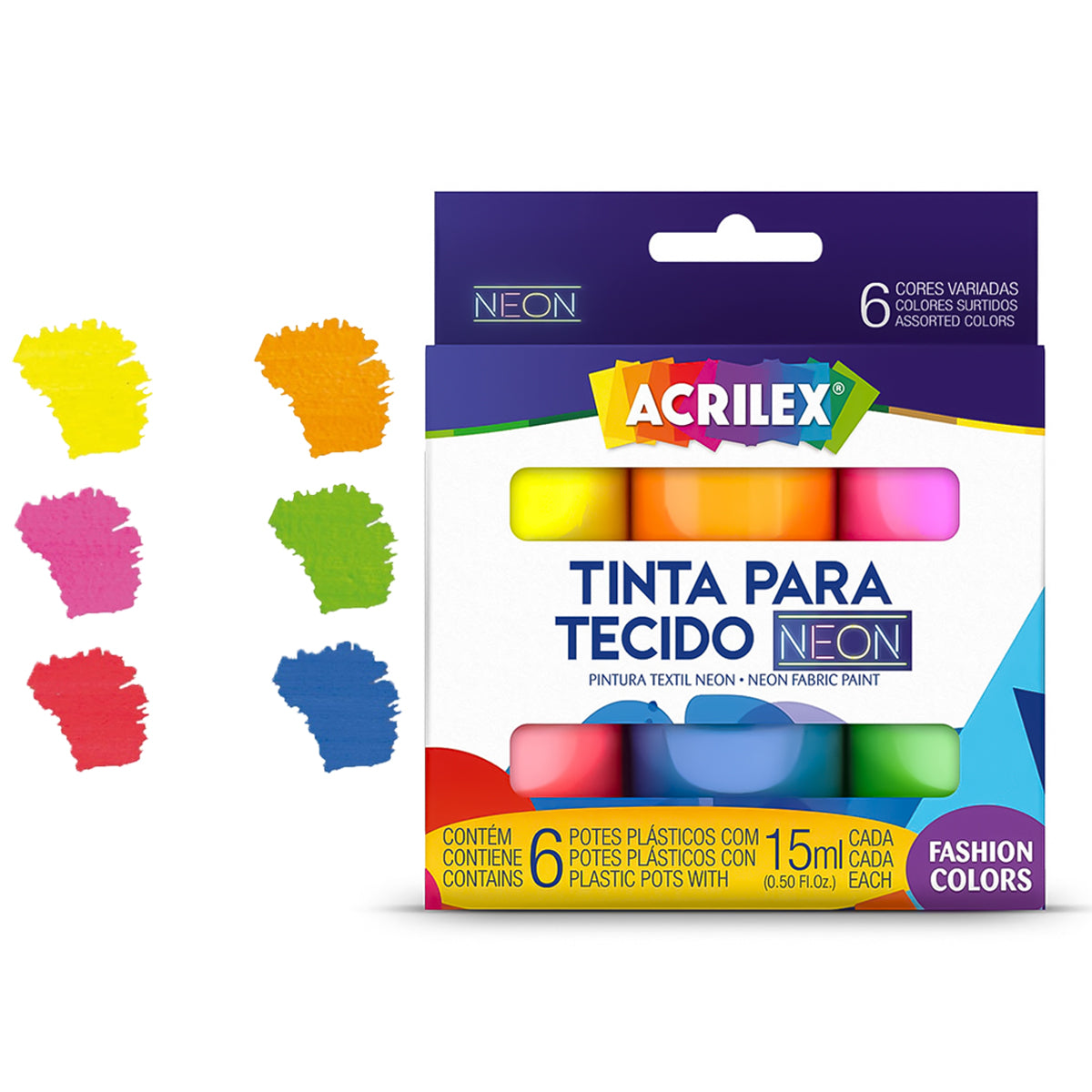 Estojo Tinta para Tecido Acrilex Art Teen Neon 15ml com 6 Cores