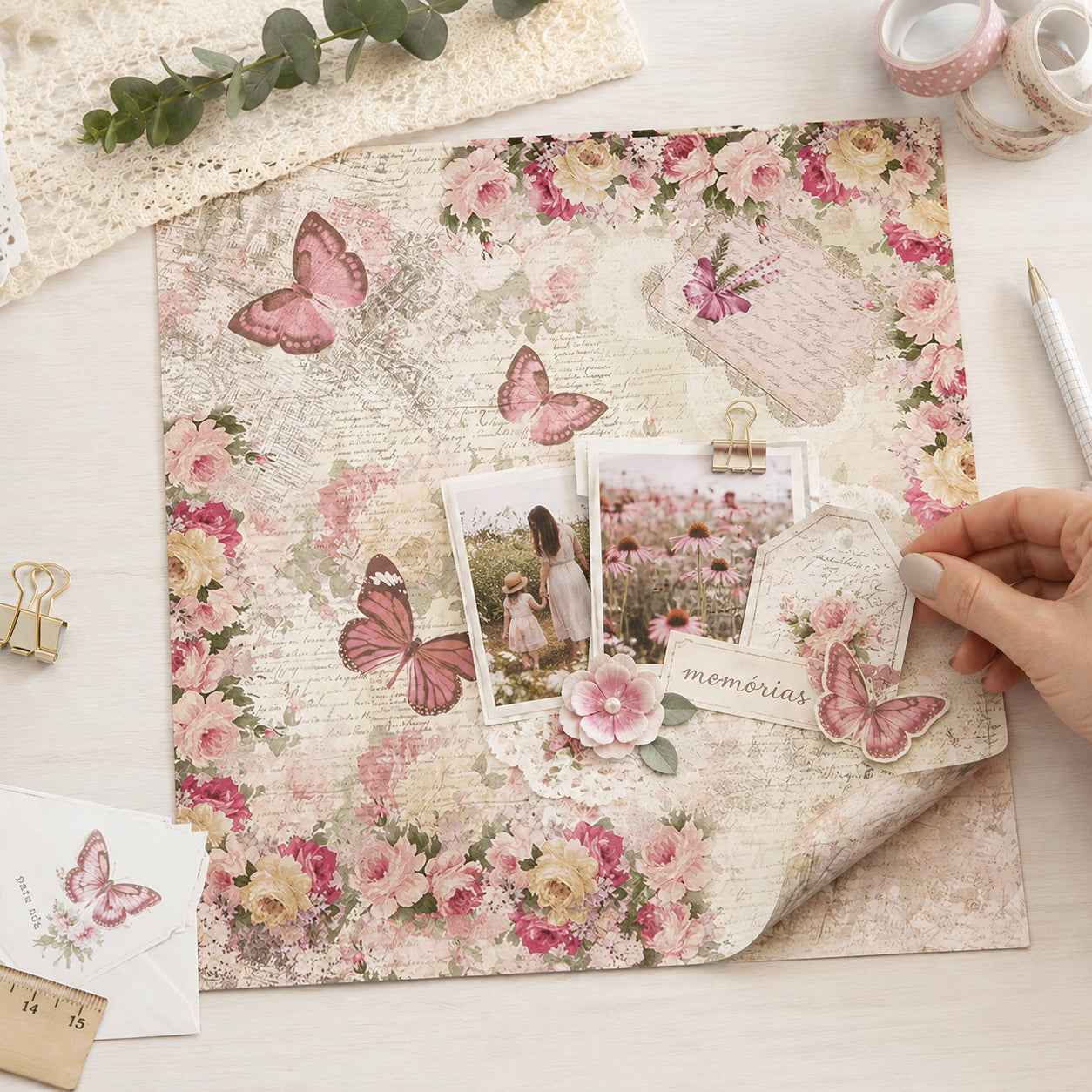 Papel para Scrapbook Dupla Face Borboletas e Flores 30,5x30,5cm para Scrapbook e Papelaria Criativa Sd-0964 - Litoarte