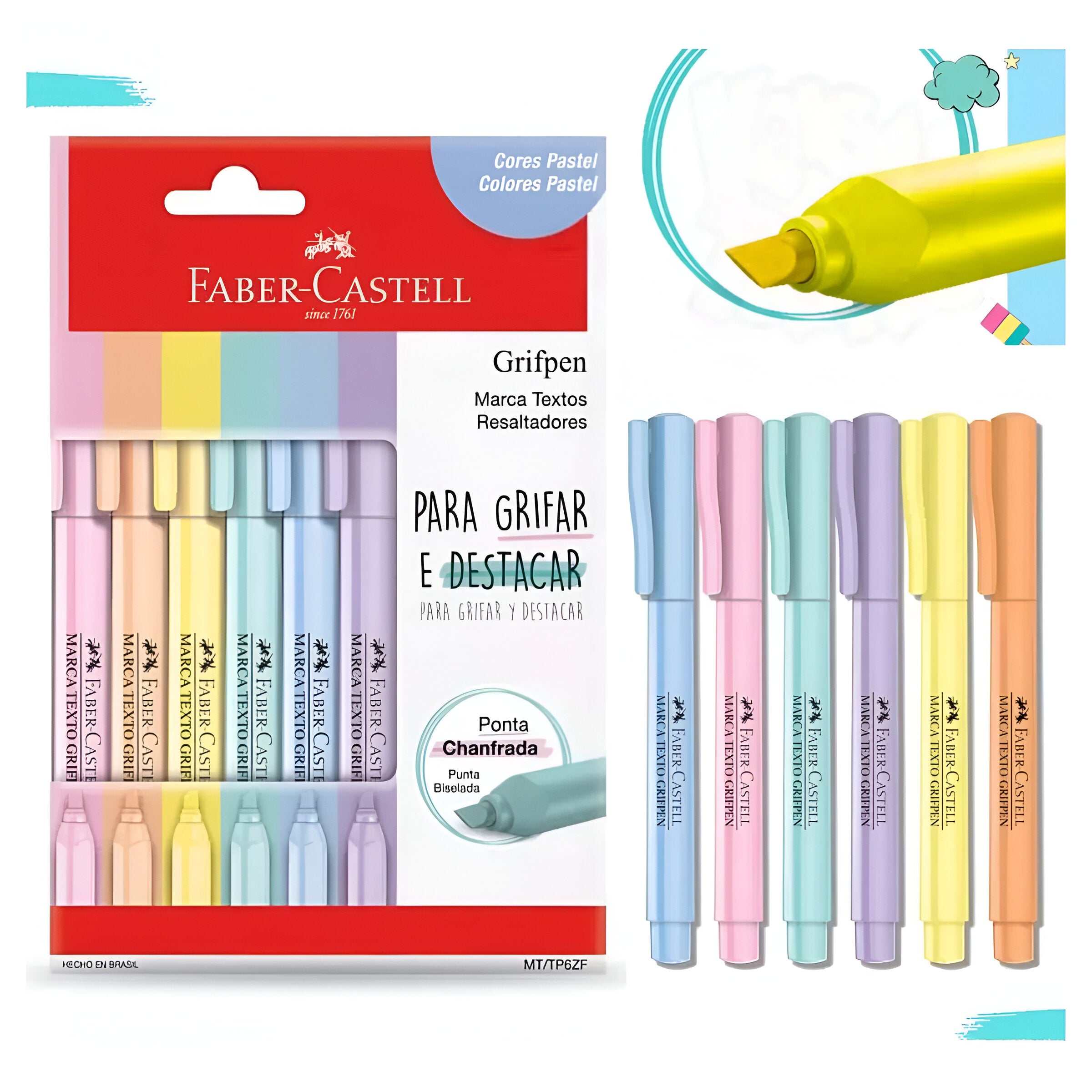 Estojo Marca Texto Grifpen Ponta Chanfrada 6 Cores - Faber-castell Mt/tp6zf