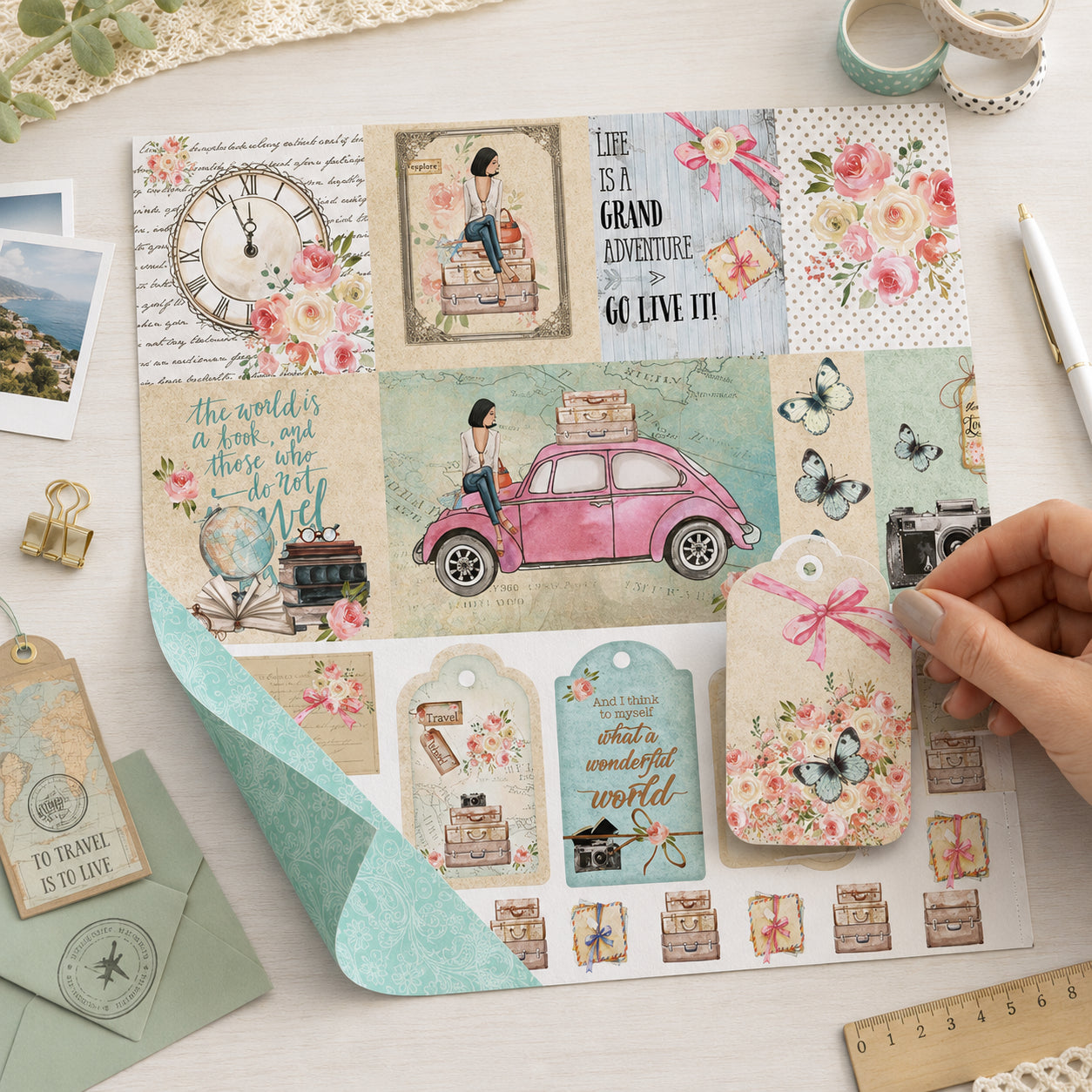 Papel para Scrapbook Dupla Face Moca Viajando Tags 30,5x30,5cm para Scrapbook e Papelaria Criativa Sd-1089 - Litoarte