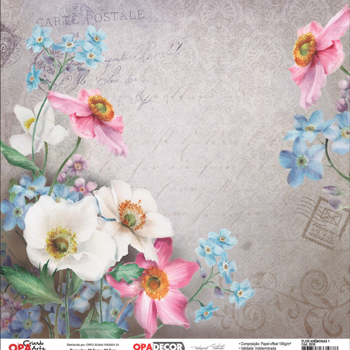 Papel Opadecor Flor Anêmonas 1 30,5x30,5cm 180g/m² para Scrapbook e Artesanato 2639 - Opa