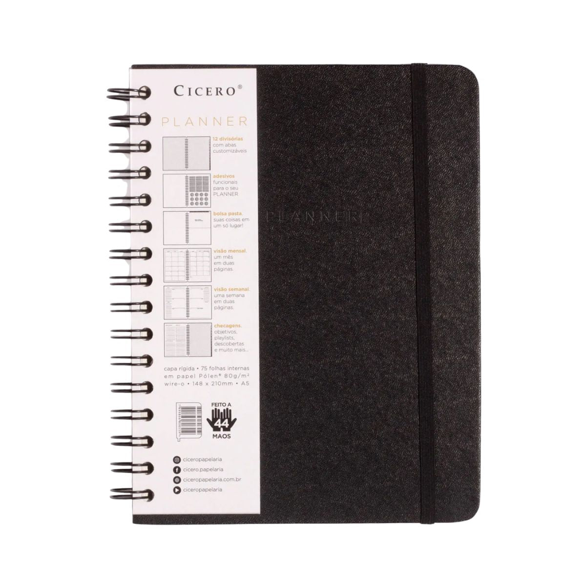 Planner Wire-o Semanal Cicero Clássica Preto 14x21cm 96 Folhas 