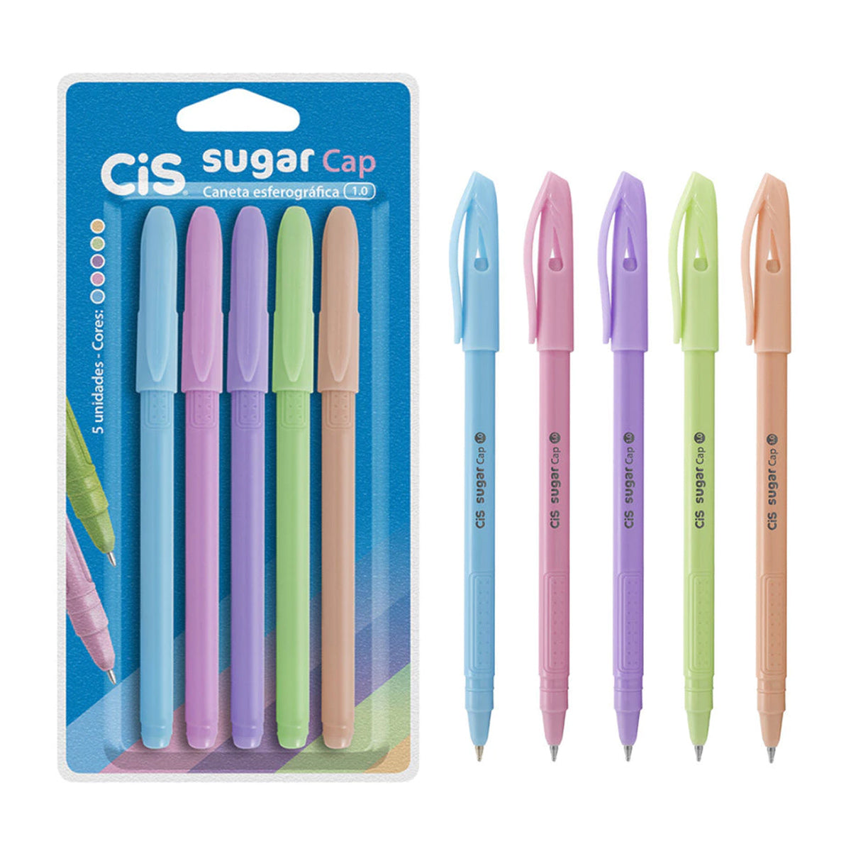 Estojo de Caneta Esferográfica Sugar Cap 1.0Mm com 5 Cores - Cis