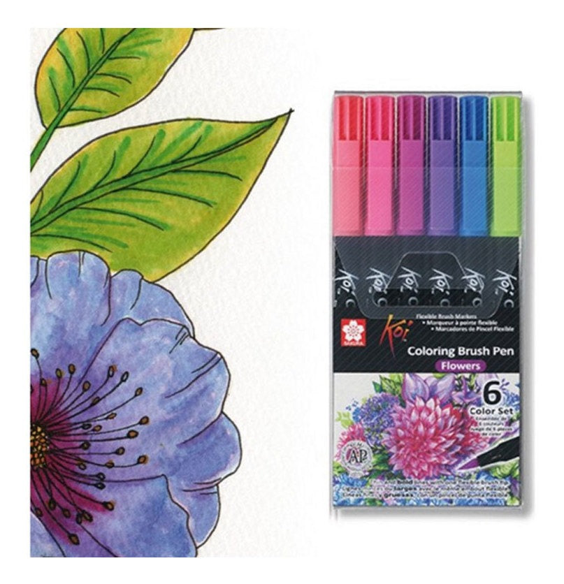 Marcador Pincel Artístico 6 Cores Koi Coloring Brush Tons Florais - Xbr-6e - Sakura