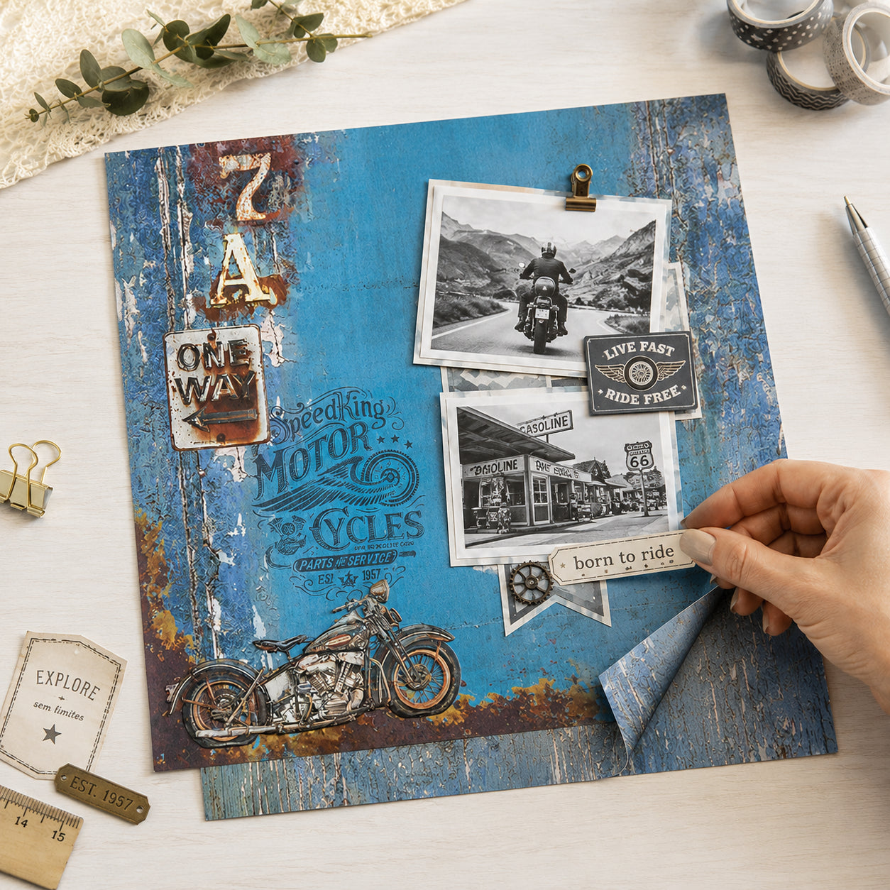 Papel para Scrapbook Dupla Face Coleção Carro e Moto Vintage 30,5x30,5cm para Scrapbook e Papelaria Criativa Sd-1112 - Litoarte