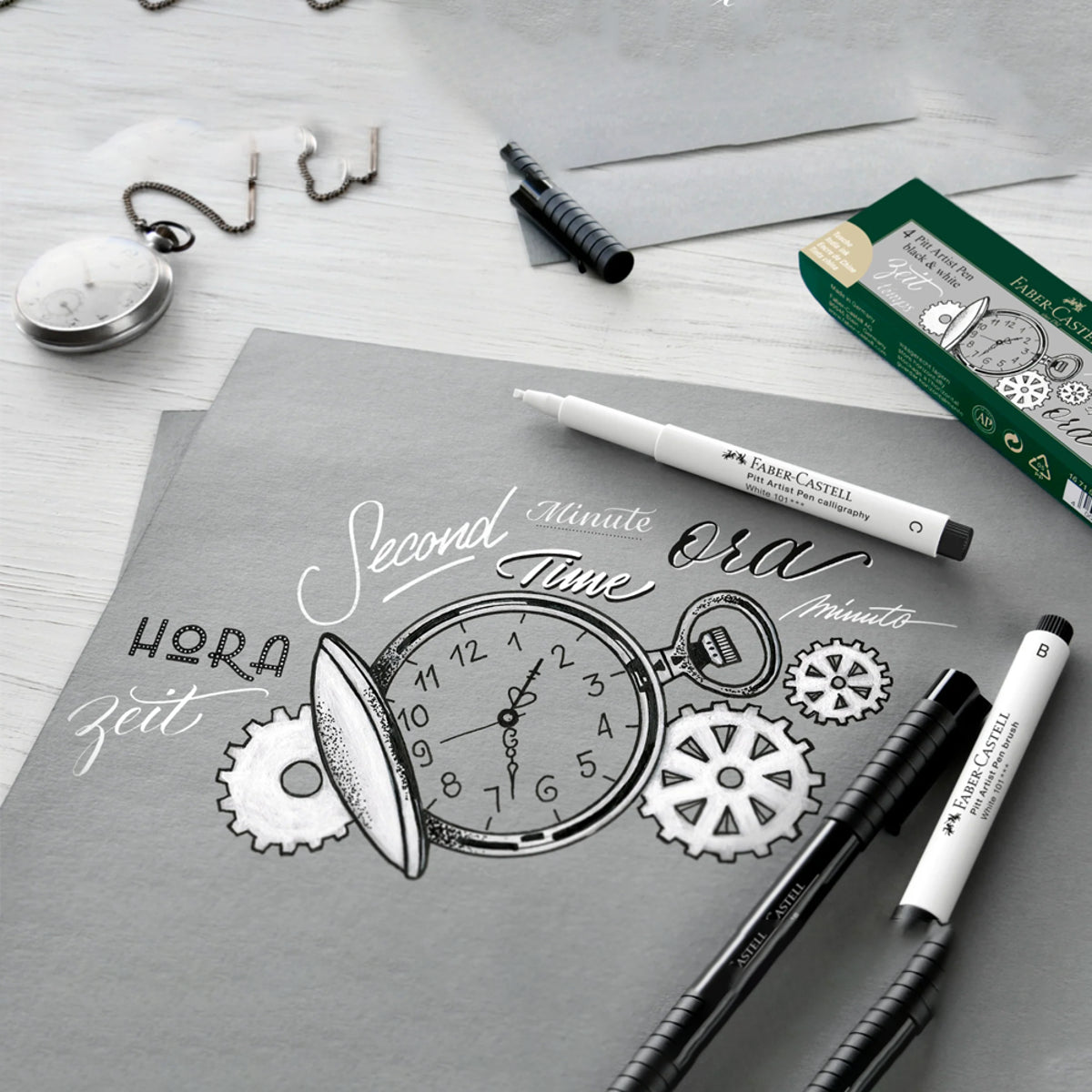 Estojo Caneta Pitt Black & White 4 Unidades Faber-castell 167151