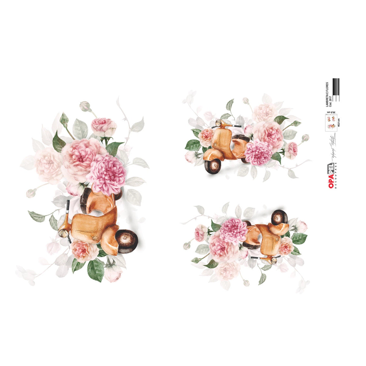 Papel de Seda Opapel Lambreta e Flores 30x45cm para Decoupage e Artesanato 2817 - Opa