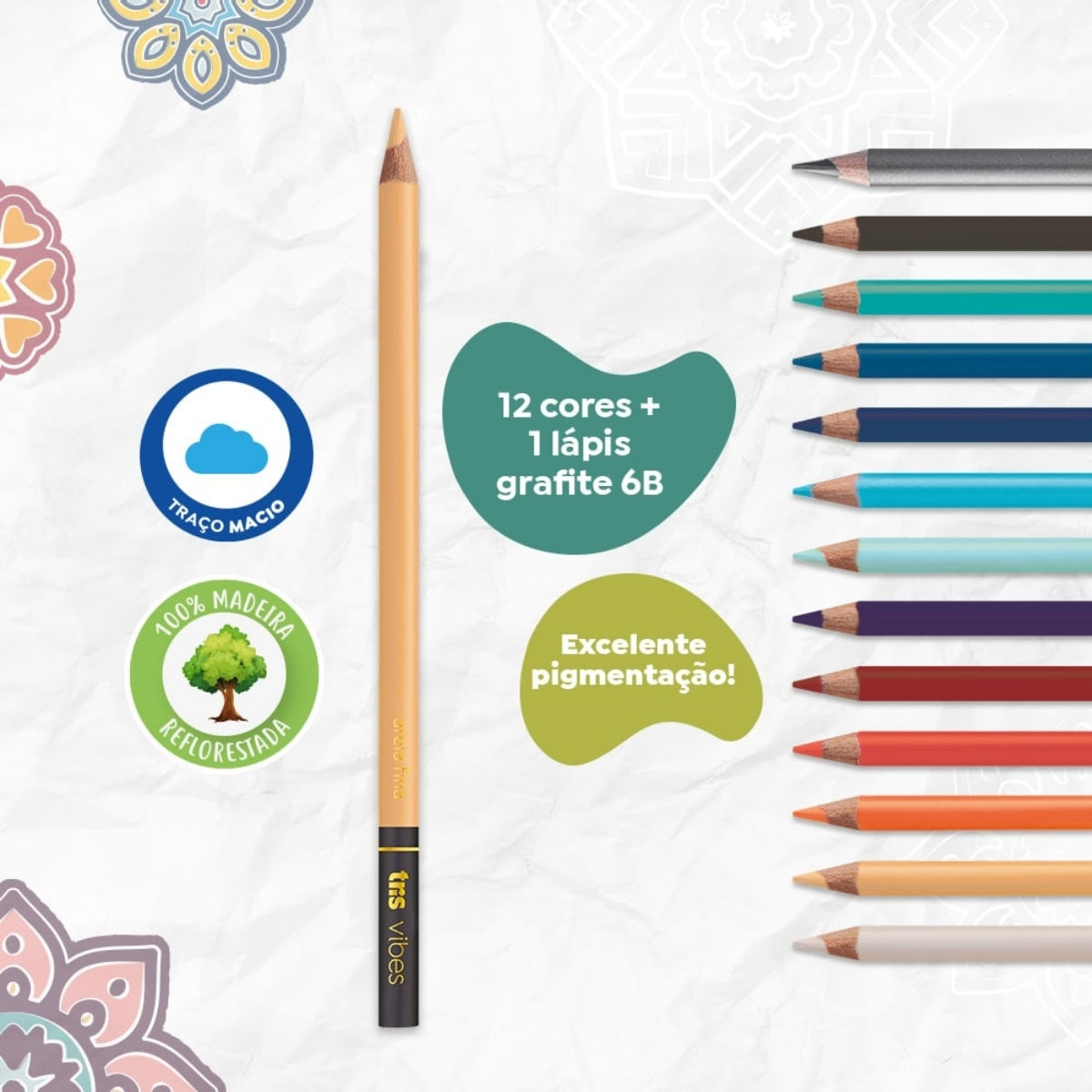 Estojo Lápis de Cor Vibes Boho com 12 Cores + Lápis 6b - Tris