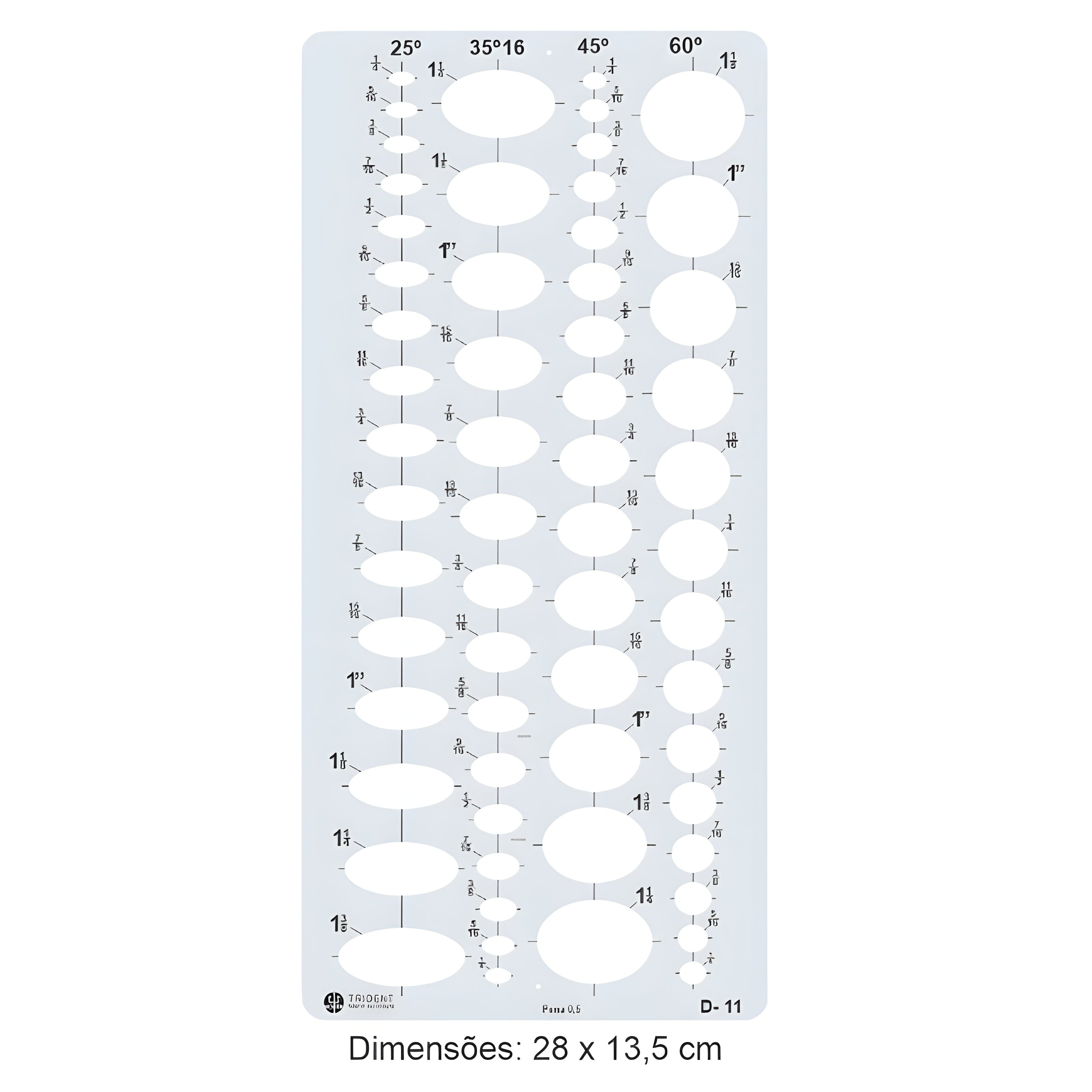 Gabarito Trident para Desenho de Elipses em Polegadas - Modelo D-11 com 60 Elipses em 4 Ângulos (60°, 45°, 35°16?, 25°)
